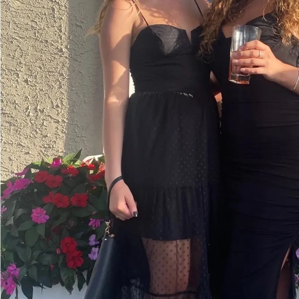 NWOT Lulus Romantic Spot Black Polka Dot Mesh Tiered Midi Dress - Picture 14 of 15